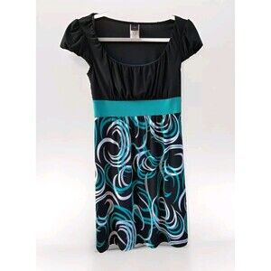 Wrapper Womens Juniors Size Medium Dress Short Sleeve Black Teal White Swirls